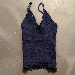 Free People Dark Blue Smocked Crop Top
